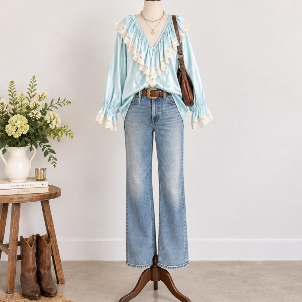 Vintage Kathryn light blue satin blouse with a dramatic romantic look
